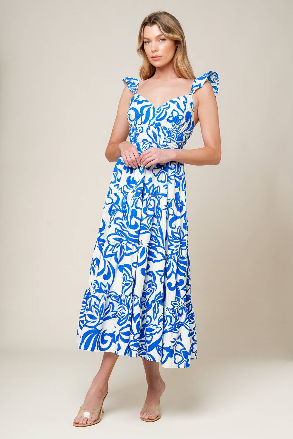 MEMORABLE ENTRANCE BLUE WOVEN MDI DRESS Flying Tomato